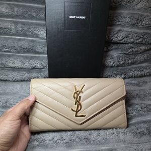 Saint Laurent Beige Quilted Leather Wallet With Chain
